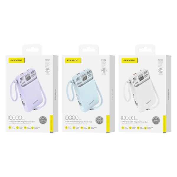 FONENG PX112 10000mAh Mini 22.5W Magnetic Wireless Power Bank with 2 Built-in Cables